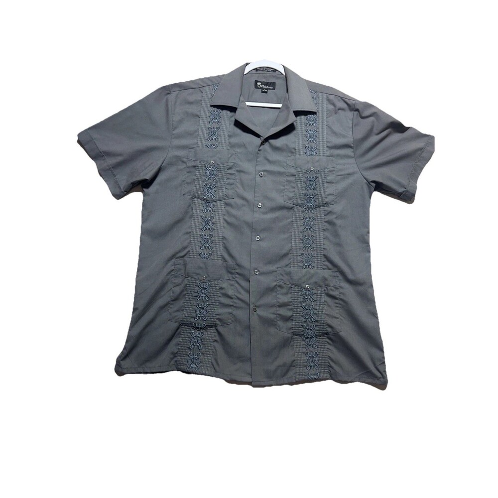 MENS OMEGA SIZE L Gray SHORT SLEEVE BEACH/ WEDDING CUBAN GUAYABERA SHIRT
